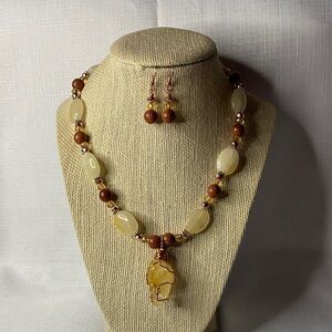 Handcrafted Citrine, Gold Sandstone and Crystal Necklace and Earring Set